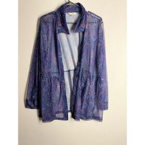 Terra & Sky Purple Paisley Sheer Mesh Peplum Button Down Blouse Plus Size 2X 20W